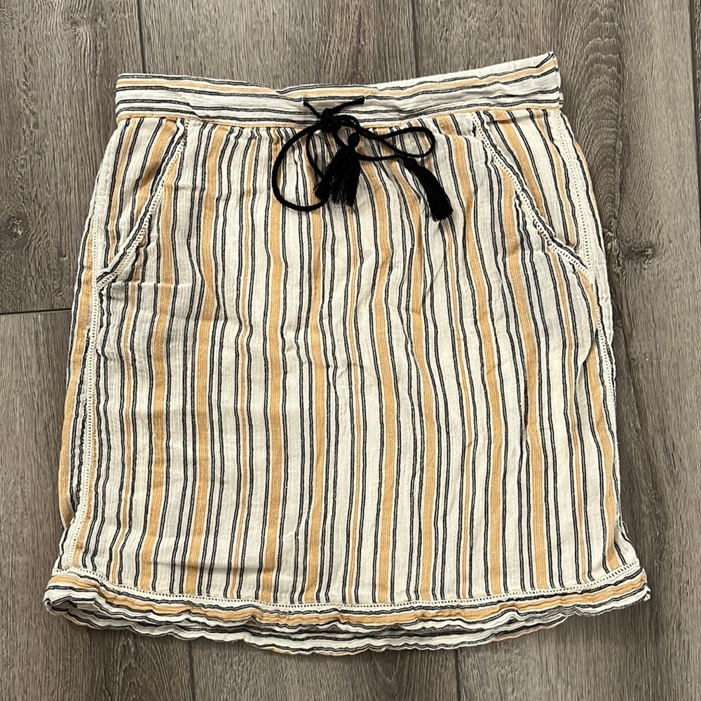 Striped Drawstring Cotton Skirt in Cream and Tan
